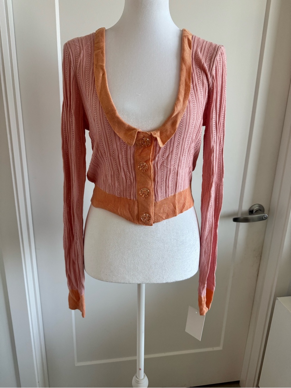 For Love and Lemons- Women's Two-Tone Pink & Orange Knit Button-Front Top
